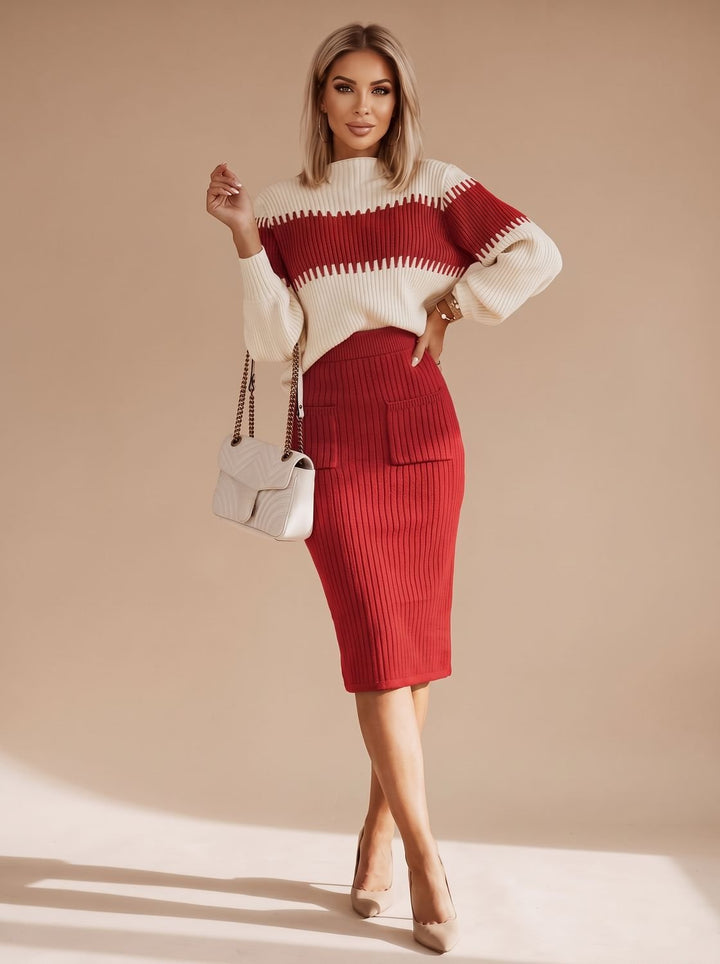 Damen Rollkragenpullover Set Zweiteiliges Twinset mit Geschlitztem Midi-Strickrock