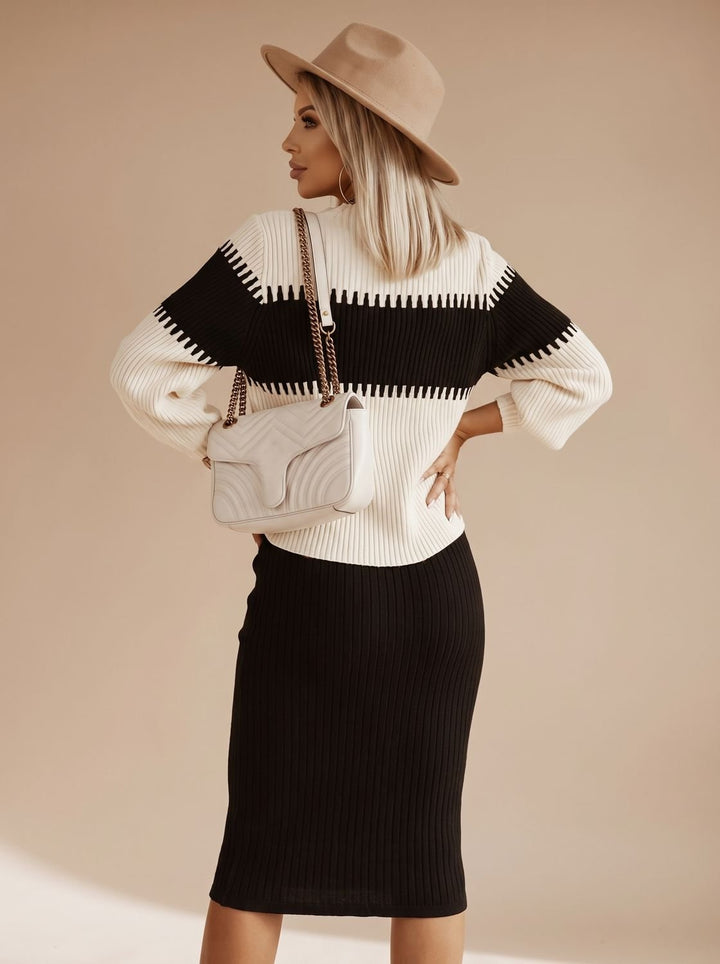 Damen Rollkragenpullover Set Zweiteiliges Twinset mit Geschlitztem Midi-Strickrock