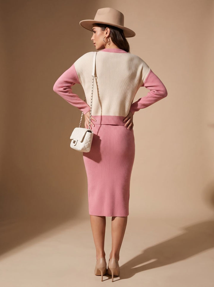 Damen Rollkragenpullover Set Zweiteiliges Twinset mit Geschlitztem Midi-Strickrock