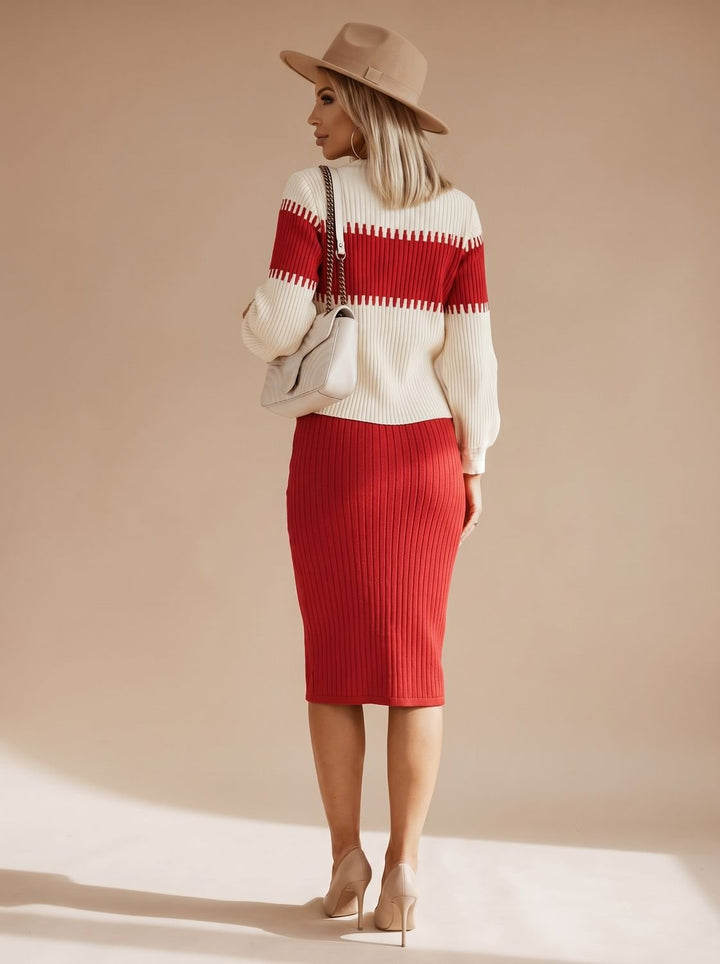 Damen Rollkragenpullover Set Zweiteiliges Twinset mit Geschlitztem Midi-Strickrock