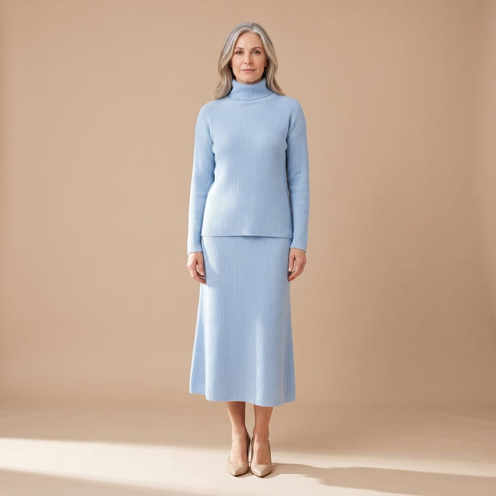 Damen Rollkragenpullover Strick-Zweiteiler mit Midi-Bleistiftrock
