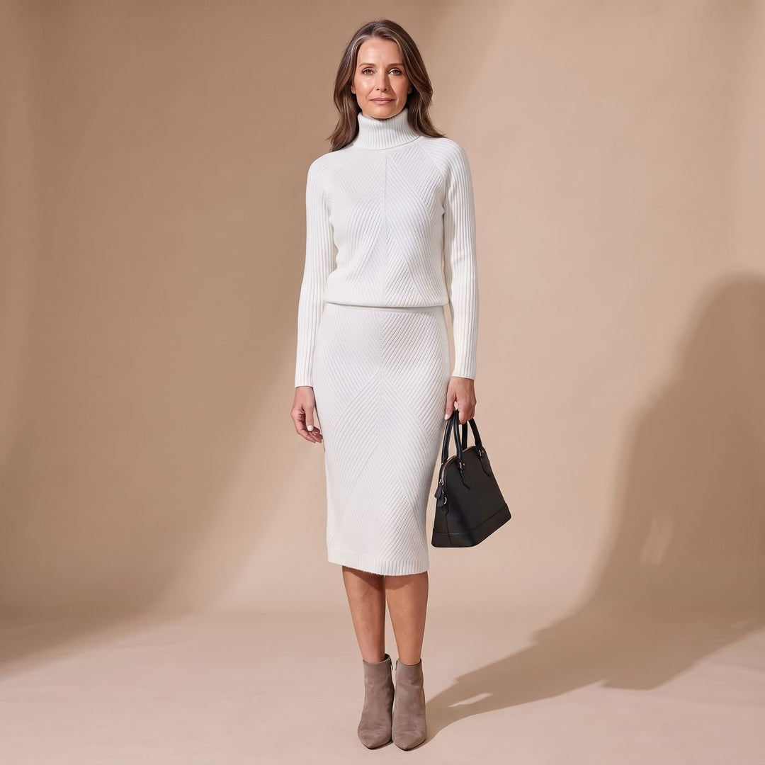 Damen Rollkragenpullover Strick-Zweiteiler mit Midi-Bleistiftrock - Weiß