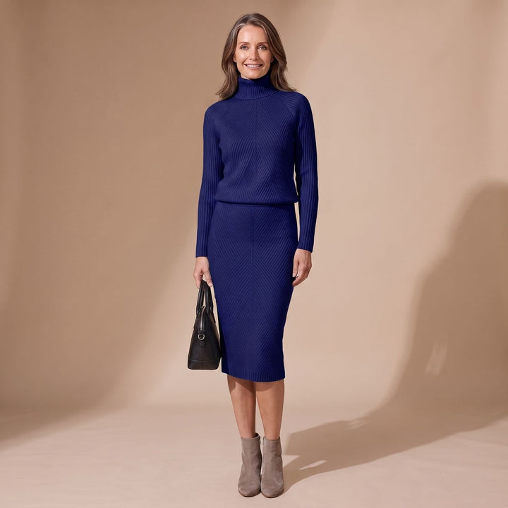 Damen Rollkragenpullover Strick-Zweiteiler mit Midi-Bleistiftrock - Dunkelblau