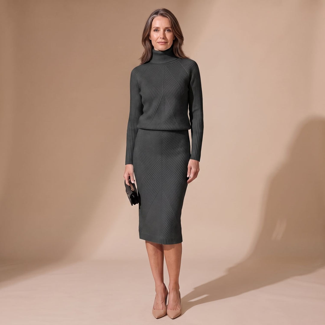 Damen Rollkragenpullover Strick-Zweiteiler mit Midi-Bleistiftrock - Dunkelgrau