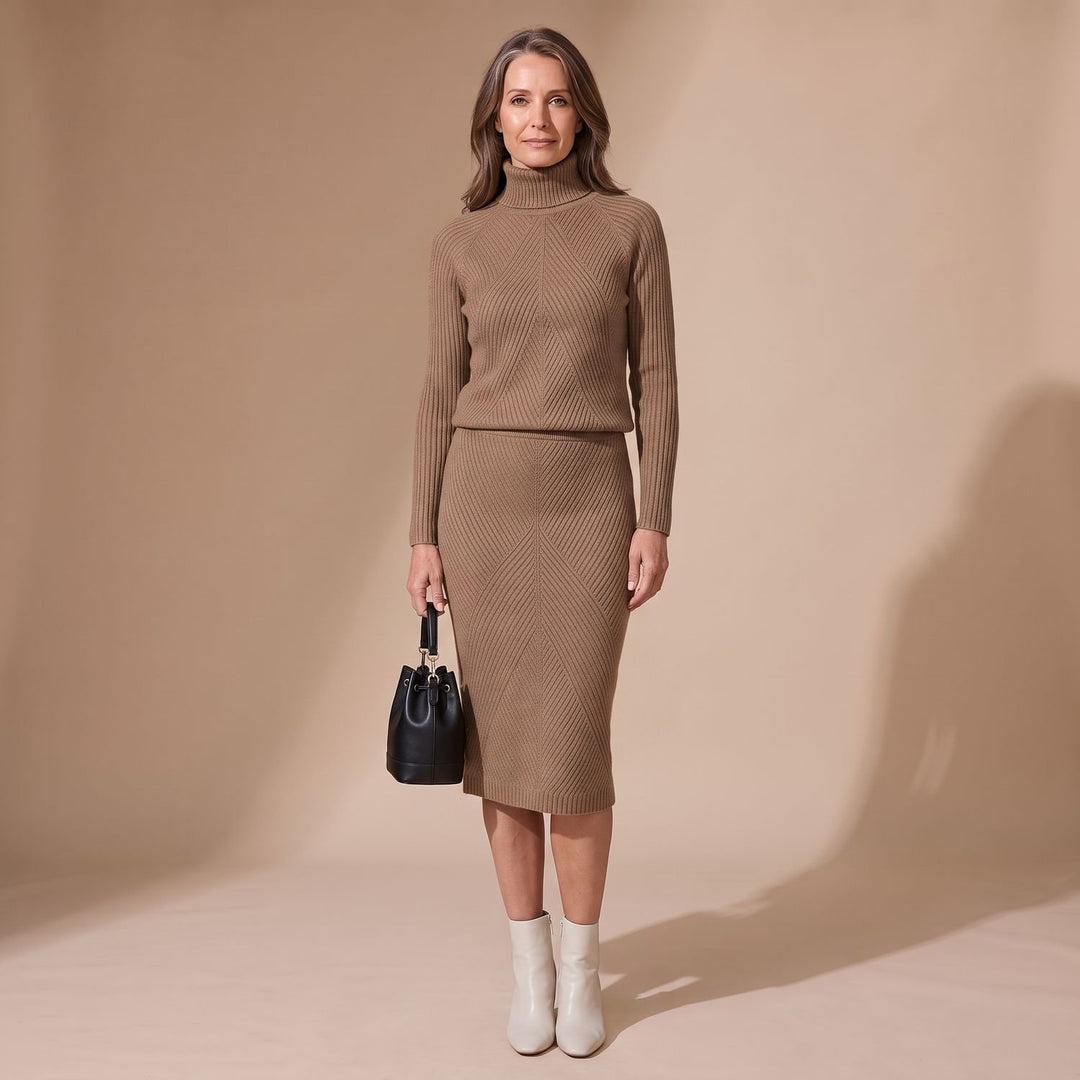 Damen Rollkragenpullover Strick-Zweiteiler mit Midi-Bleistiftrock - Braun
