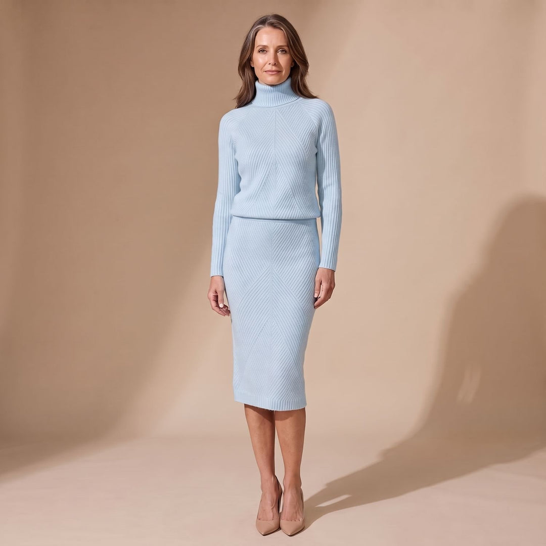 Damen Rollkragenpullover Strick-Zweiteiler mit Midi-Bleistiftrock