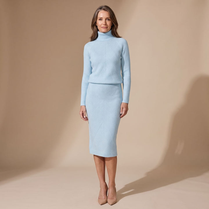 Damen Rollkragenpullover Strick-Zweiteiler mit Midi-Bleistiftrock