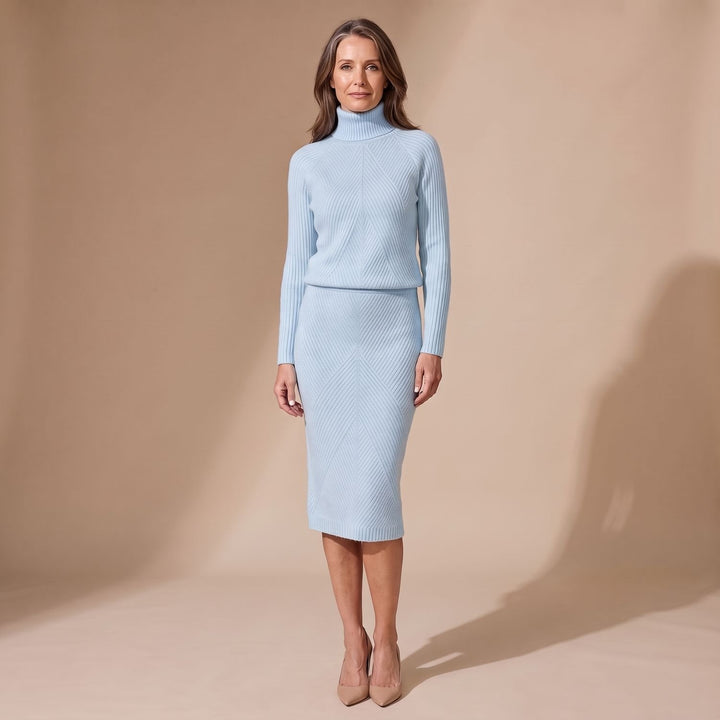 Damen Rollkragenpullover Strick-Zweiteiler mit Midi-Bleistiftrock - Hellblau