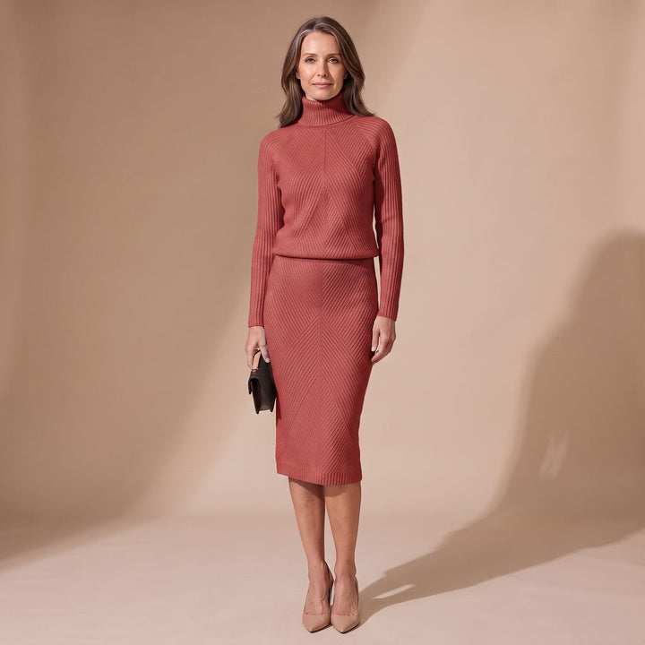 Damen Rollkragenpullover Strick-Zweiteiler mit Midi-Bleistiftrock