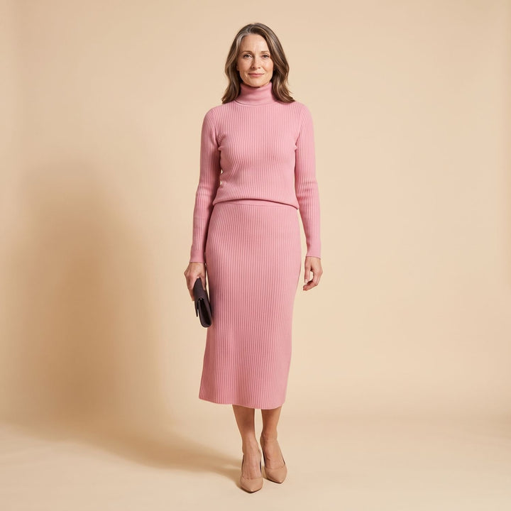 Damen Rollkragenpullover Strick-Zweiteiler mit Midi-Bleistiftrock - Rosa