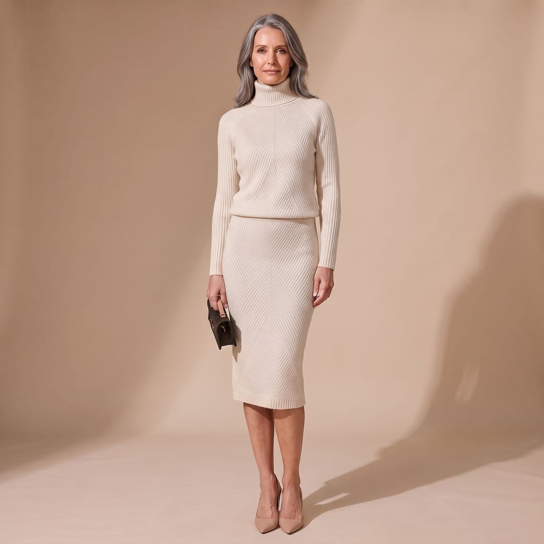 Damen Rollkragenpullover Strick-Zweiteiler mit Midi-Bleistiftrock - Hellgrau