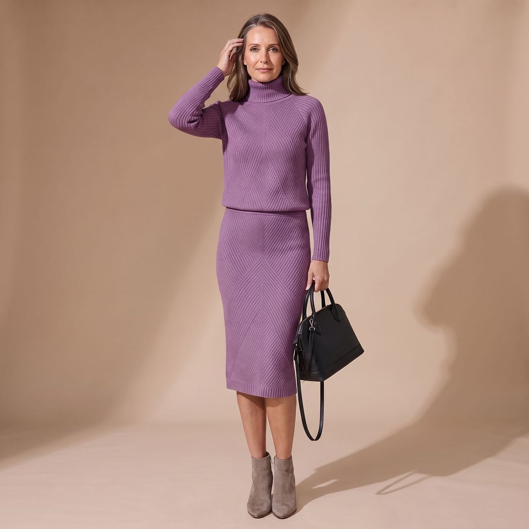 Damen Rollkragenpullover Strick-Zweiteiler mit Midi-Bleistiftrock - Lila