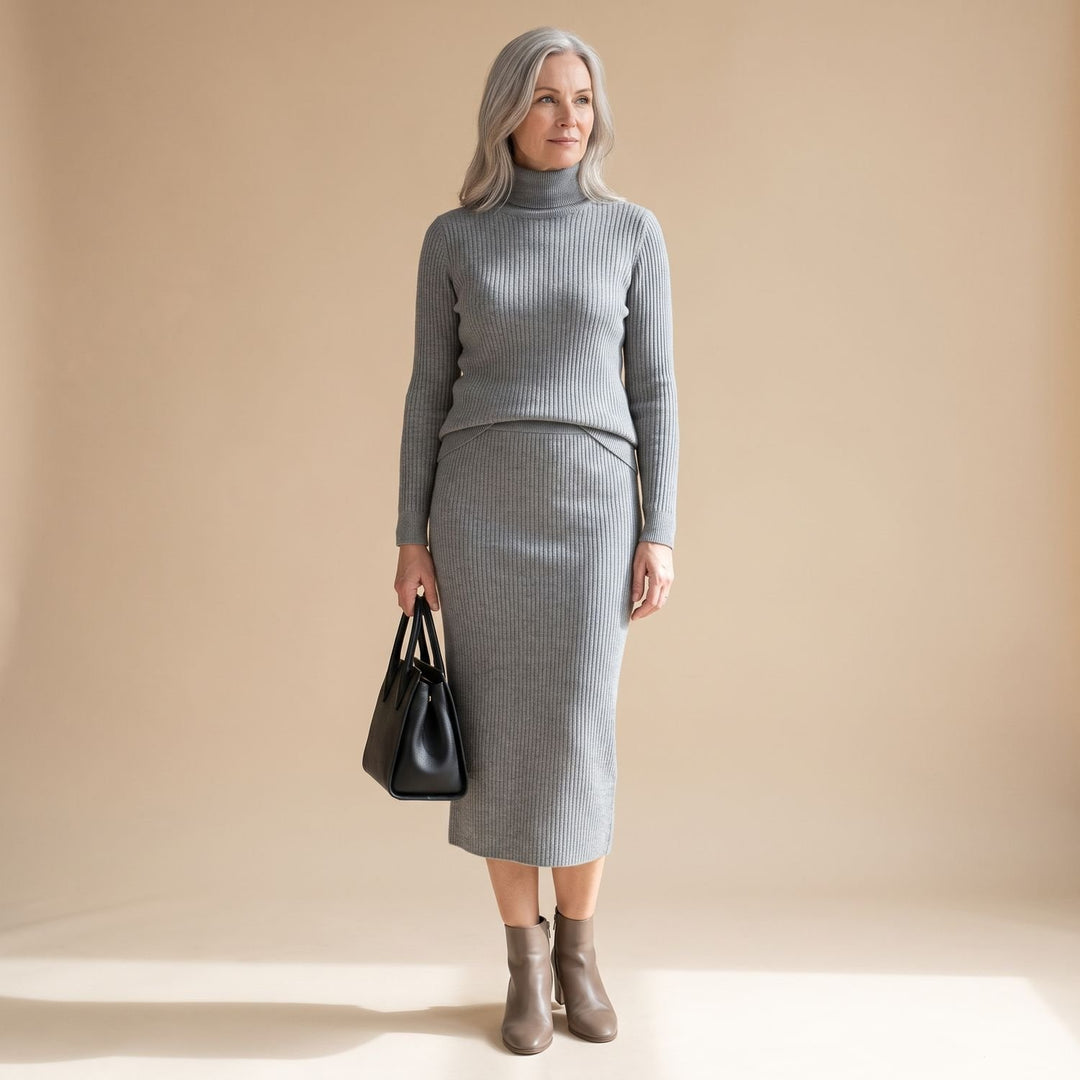 Damen Rollkragenpullover Strick-Zweiteiler mit Midi-Bleistiftrock - Grau