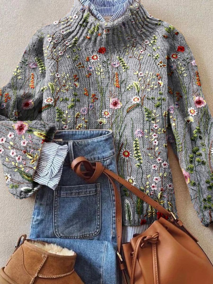 Damen Rollkragenpullover Vintage Blumen Strickpullover - Mehrfarbig