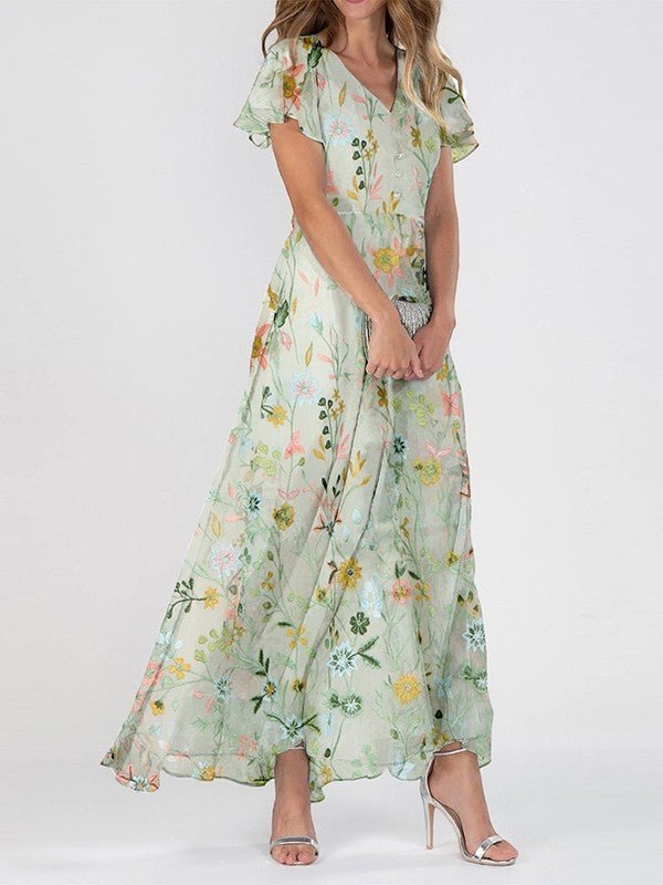 Damen Romantisches Blumen V-Ausschnitt Maxi Kleid - Groen