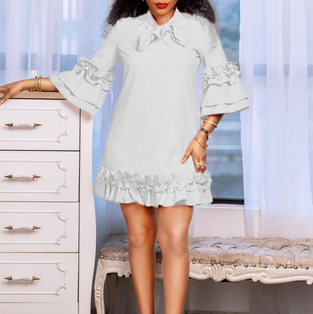 Damen Rüschen-Tunika-Minikleid mit Schleifenkragen