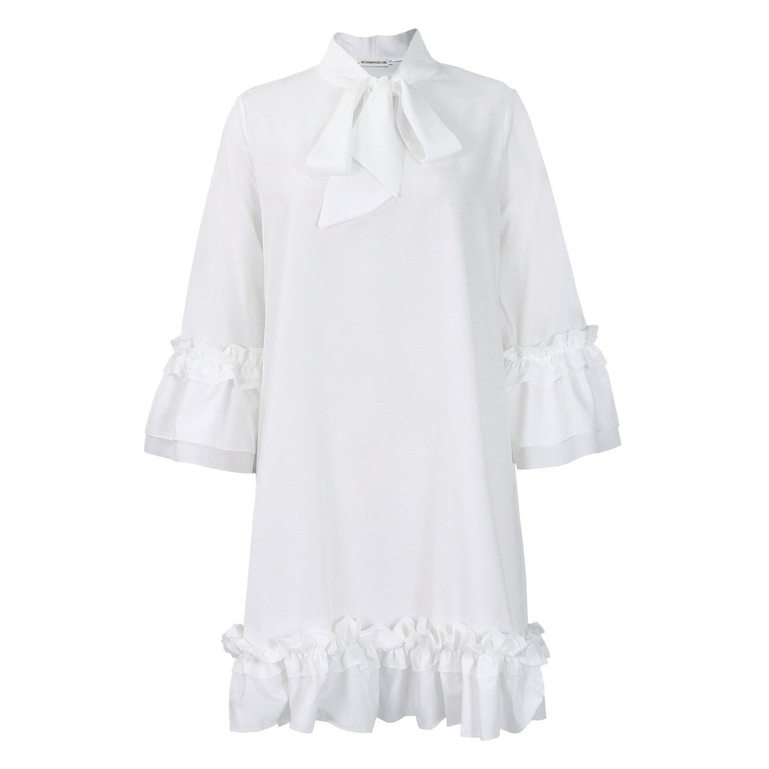 Damen Rüschen-Tunika-Minikleid mit Schleifenkragen - Weiß