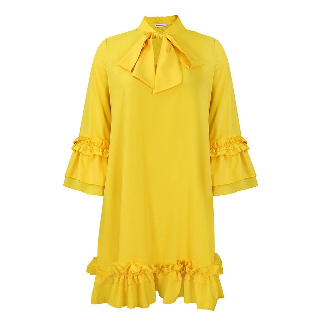 Damen Rüschen-Tunika-Minikleid mit Schleifenkragen - Gelb