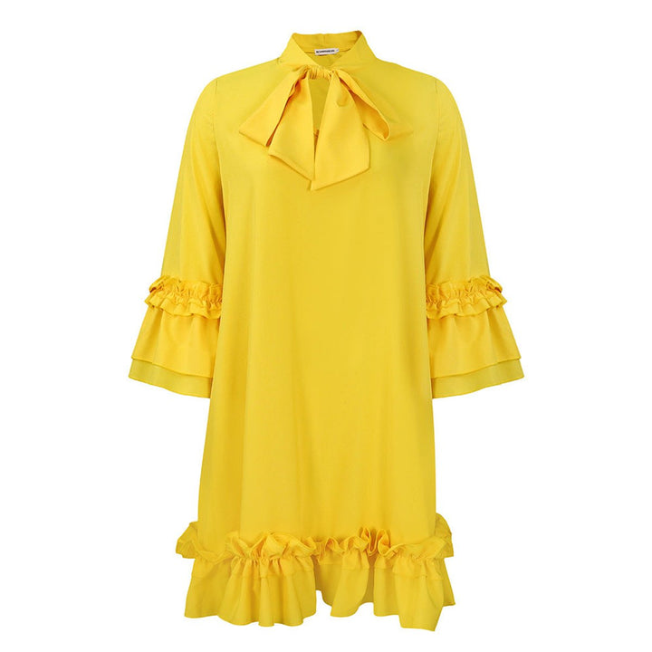 Damen Rüschen-Tunika-Minikleid mit Schleifenkragen - Gelb