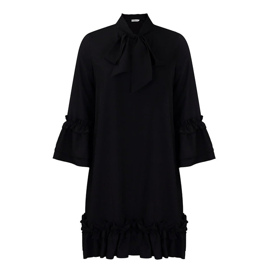 Damen Rüschen-Tunika-Minikleid mit Schleifenkragen - Schwarz