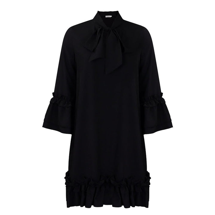 Damen Rüschen-Tunika-Minikleid mit Schleifenkragen - Schwarz