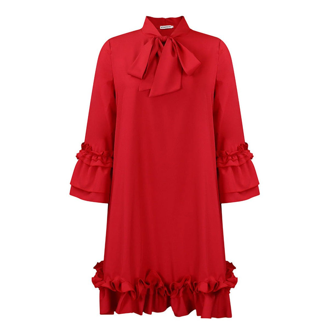 Damen Rüschen-Tunika-Minikleid mit Schleifenkragen - Rot