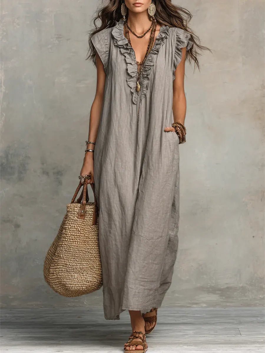 Damen Rüschen V-Ausschnitt Flatternde Ärmel Leinen Maxikleid - Gray