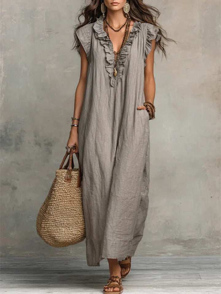 Damen Rüschen V-Ausschnitt Flatternde Ärmel Leinen Maxikleid - Gray