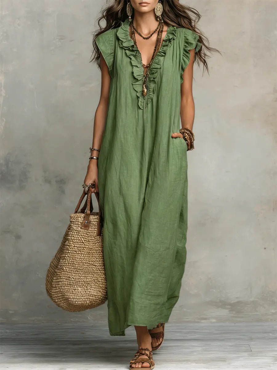 Damen Rüschen V-Ausschnitt Flatternde Ärmel Leinen Maxikleid - Green