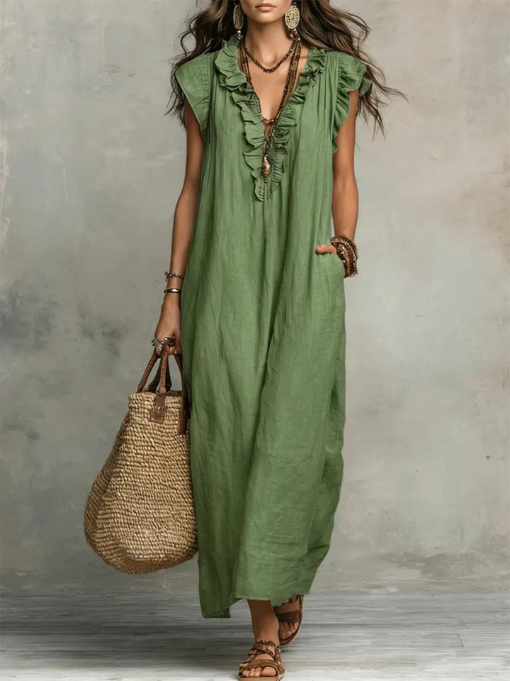 Damen Rüschen V-Ausschnitt Flatternde Ärmel Leinen Maxikleid - Green