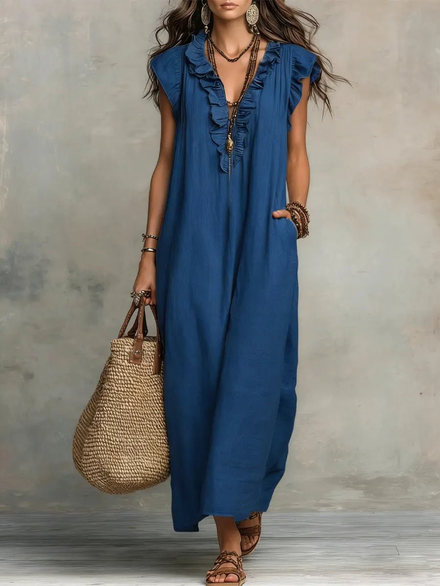 Damen Rüschen V-Ausschnitt Flatternde Ärmel Leinen Maxikleid - Blue
