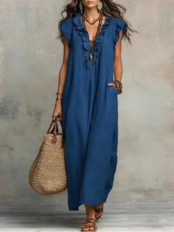 Damen Rüschen V-Ausschnitt Flatternde Ärmel Leinen Maxikleid - Blue