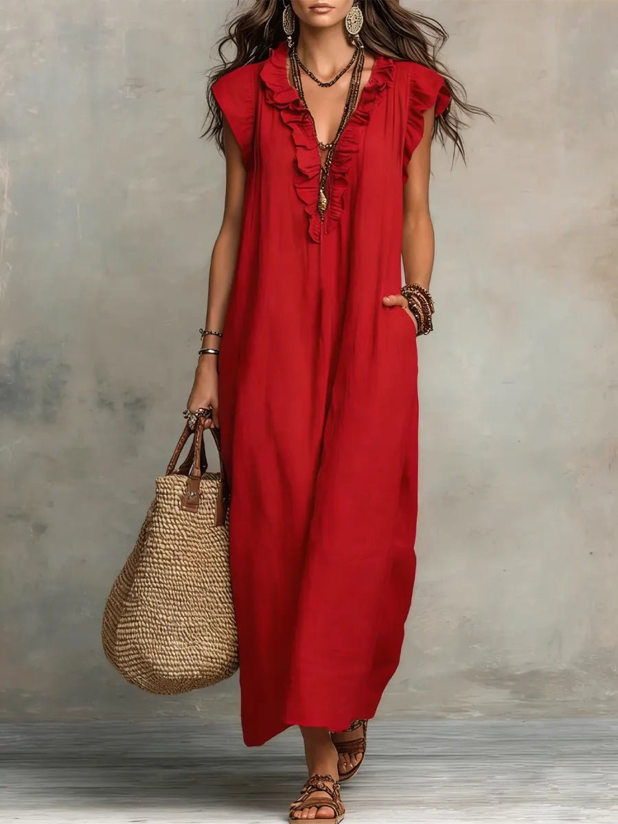 Damen Rüschen V-Ausschnitt Flatternde Ärmel Leinen Maxikleid - Red