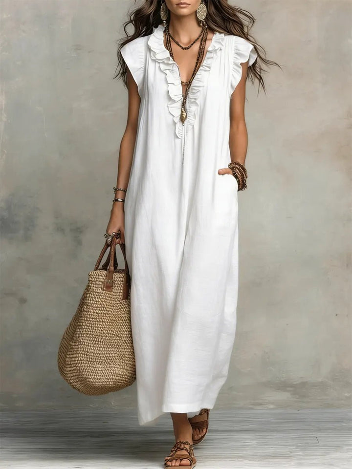Damen Rüschen V-Ausschnitt Flatternde Ärmel Leinen Maxikleid - White