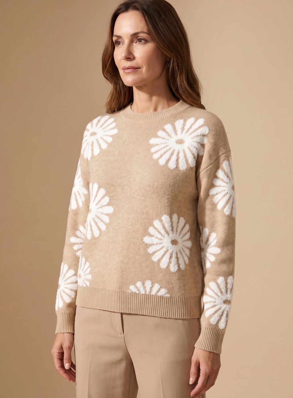 Damen Rundhals Blumenmuster Strickpullover Lockere Passform Langarm