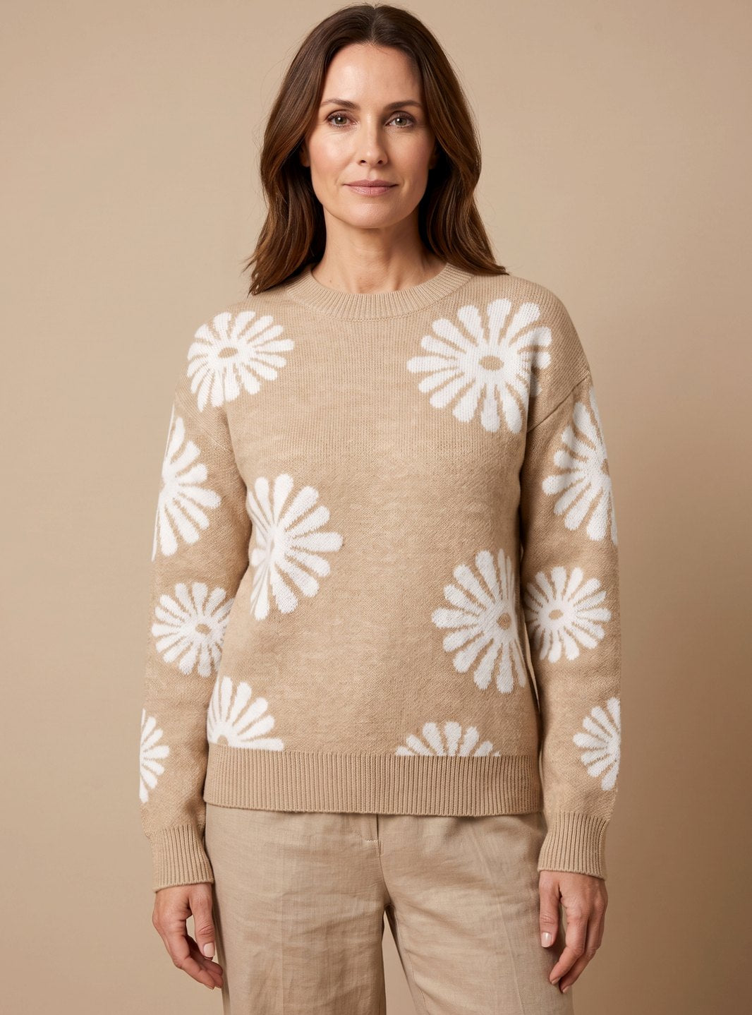 Damen Rundhals Blumenmuster Strickpullover Lockere Passform Langarm