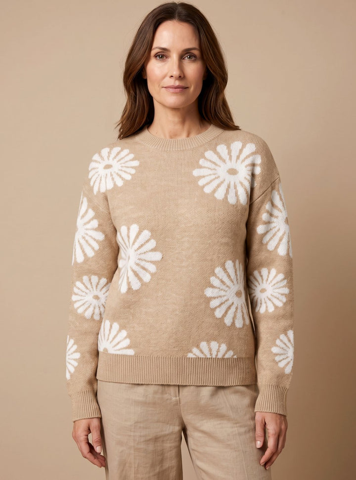 Damen Rundhals Blumenmuster Strickpullover Lockere Passform Langarm