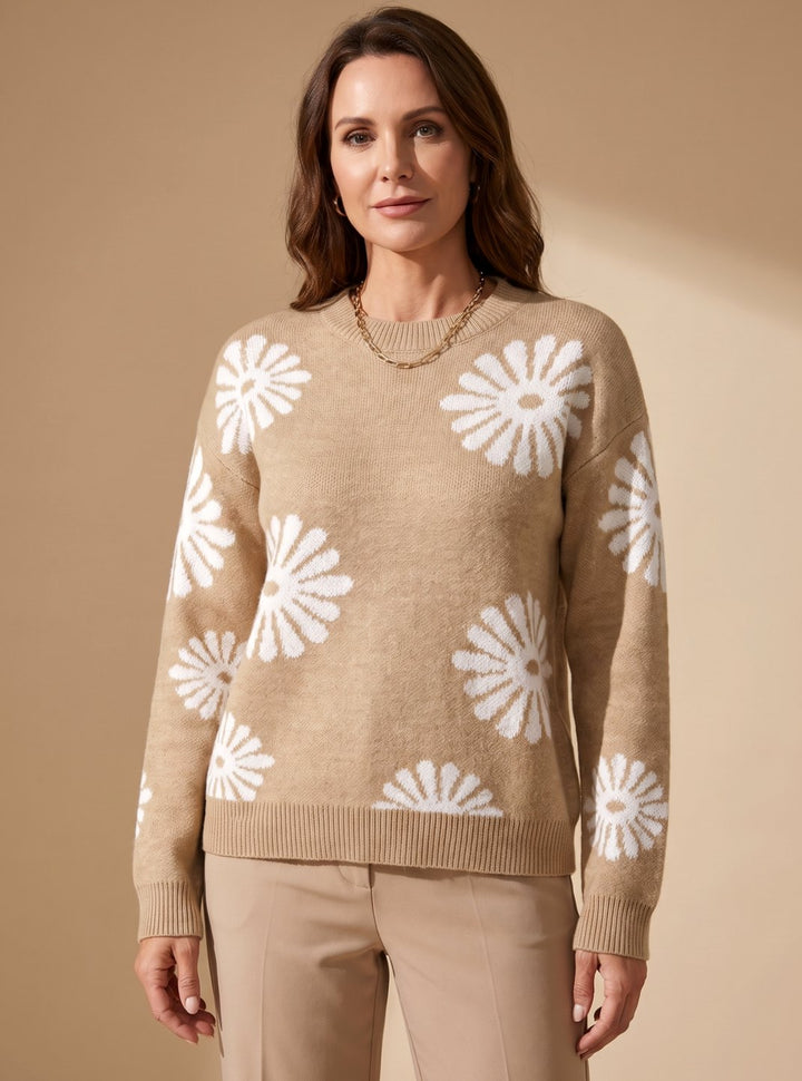 Damen Rundhals Blumenmuster Strickpullover Lockere Passform Langarm - Khaki