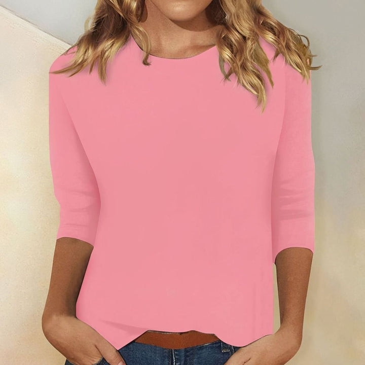 Damen Rundhals-Shirt mit 3/4-Ärmeln legeres Basic-Oberteil - Rosa