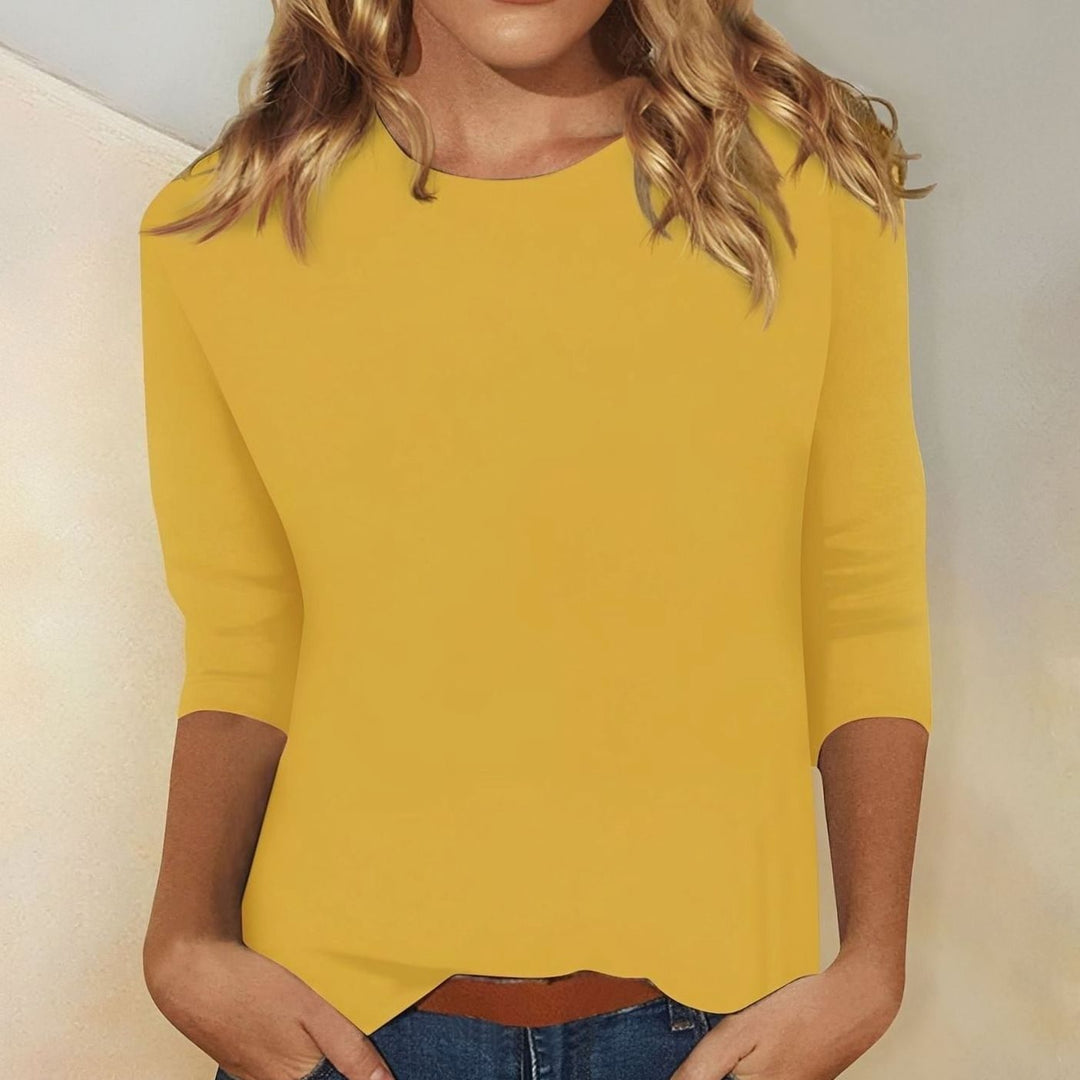 Damen Rundhals-Shirt mit 3/4-Ärmeln legeres Basic-Oberteil - Gelb