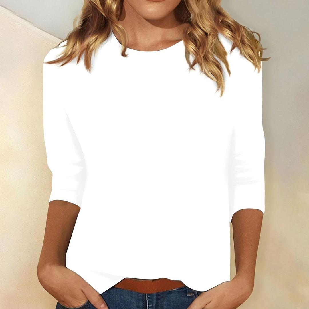 Damen Rundhals-Shirt mit 3/4-Ärmeln legeres Basic-Oberteil - Weiß