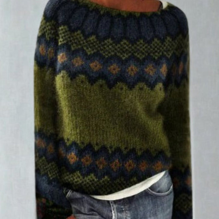 Damen Rundhals Strickpullover im Retro-Norweger-Muster - Grün