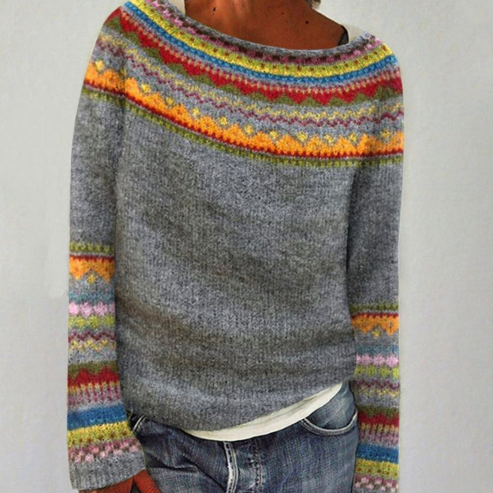 Damen Rundhals Strickpullover im Retro-Norweger-Muster - Grau Orange
