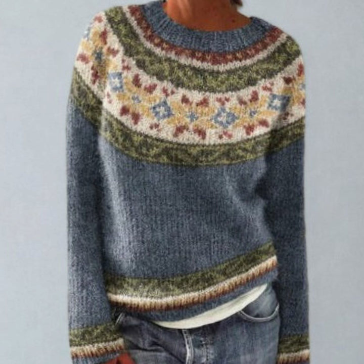 Damen Rundhals Strickpullover im Retro-Norweger-Muster - Blau