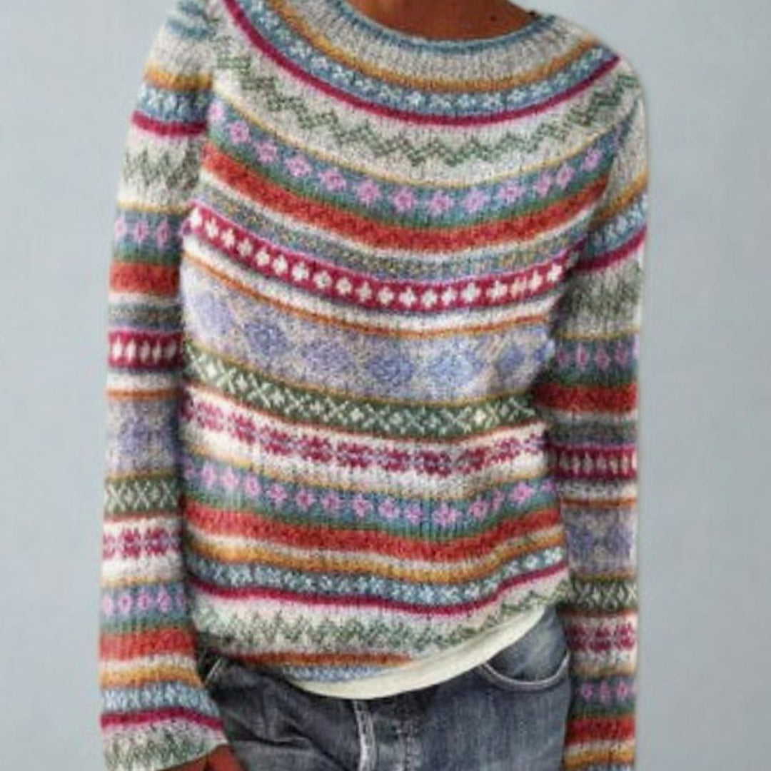 Damen Rundhals Strickpullover im Retro-Norweger-Muster - Mehrfarbig