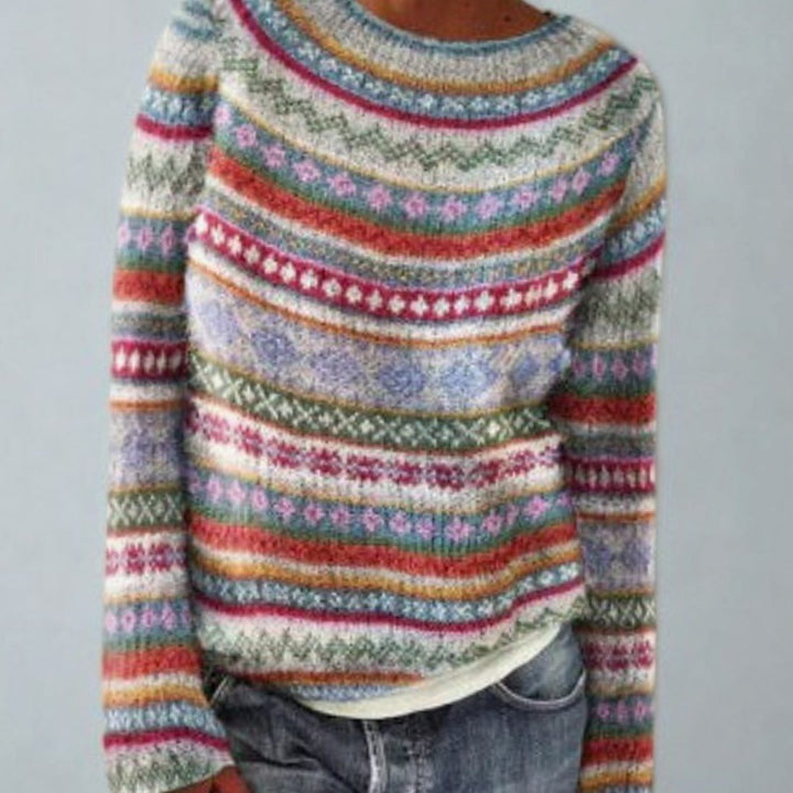 Damen Rundhals Strickpullover im Retro-Norweger-Muster - Mehrfarbig