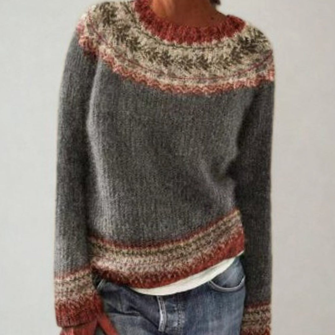 Damen Rundhals Strickpullover im Retro-Norweger-Muster - Grau