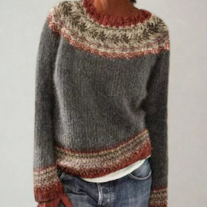 Damen Rundhals Strickpullover im Retro-Norweger-Muster - Grau