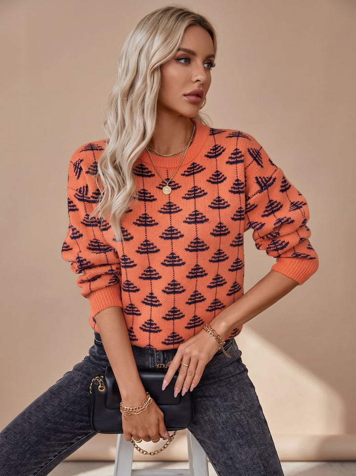 Damen Rundhals-Strickpullover mit Weihnachtsbaum-Muster Loose-Fit
