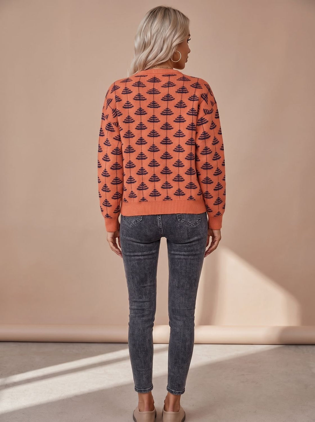 Damen Rundhals-Strickpullover mit Weihnachtsbaum-Muster Loose-Fit